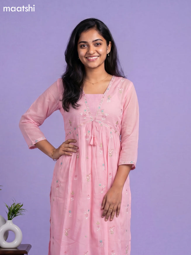 Baby Pink Cotton Embroidery Work Straight Suit