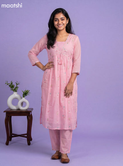 Baby Pink Cotton Embroidery Work Straight Suit