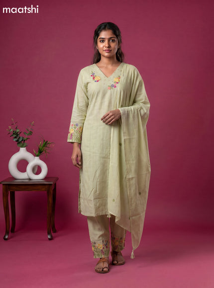 Pastel Green Cotton Embroidery Work Straight Suit