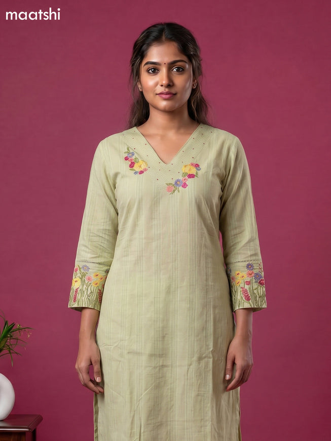 Pastel Green Cotton Embroidery Work Straight Suit