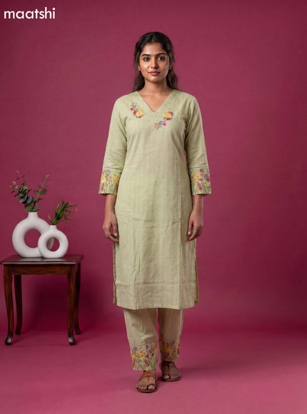 Pastel Green Cotton Embroidery Work Straight Suit