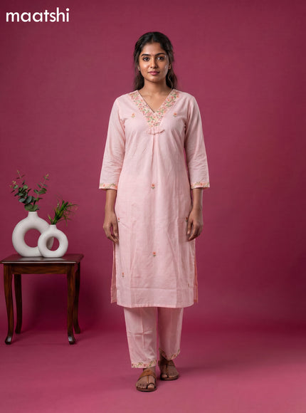 Peach Cotton Embroidery Work Straight Suit