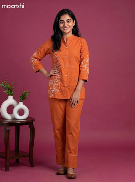 Orange Cotton Embroidery Work Short Co-Ord Set