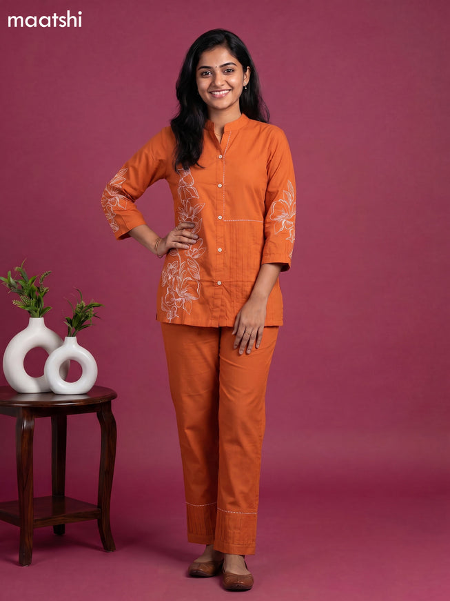 Orange Cotton Embroidery Work Short Co-Ord Set