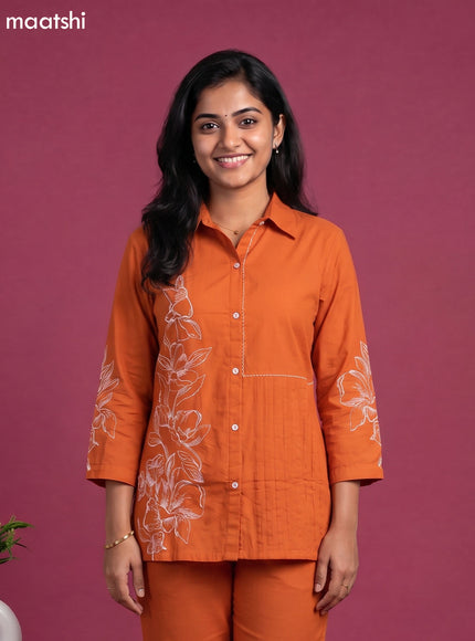 Orange Cotton Embroidery Work Short Co-Ord Set