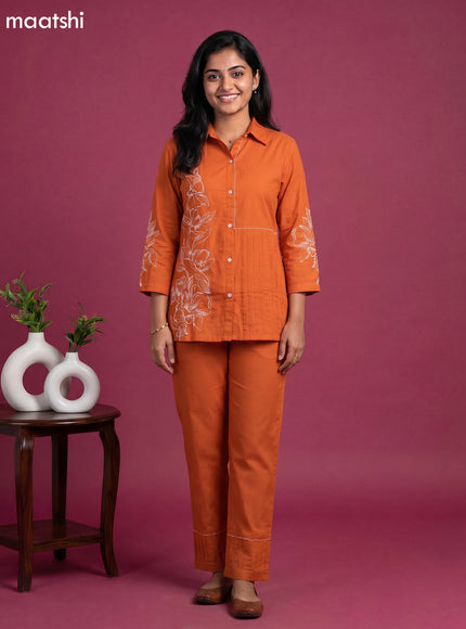 Orange Cotton Embroidery Work Short Co-Ord Set