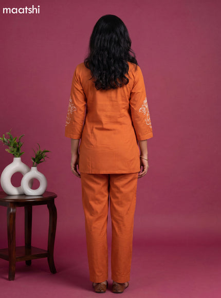 Orange Cotton Embroidery Work Short Co-Ord Set