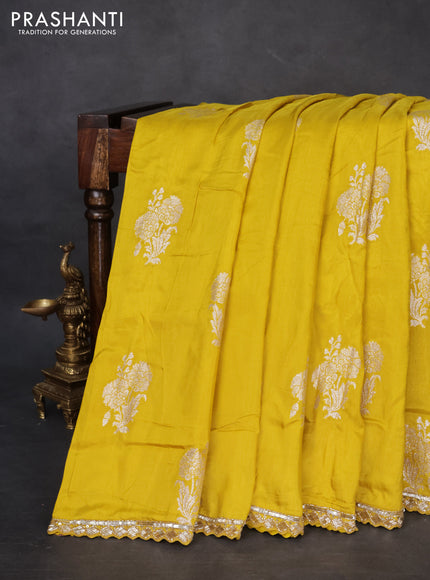 Banarasi silk saree lime yellow with floral zari woven buttas and beaded work border