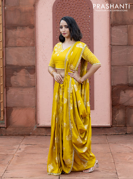 Banarasi silk saree lime yellow with floral zari woven buttas and beaded work border