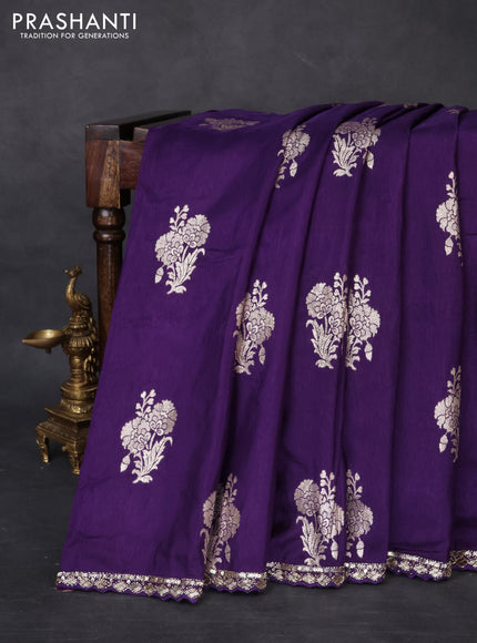 Banarasi silk saree violet with floral zari woven buttas and beaded work border