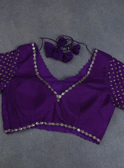 Banarasi silk saree violet with floral zari woven buttas and beaded work border