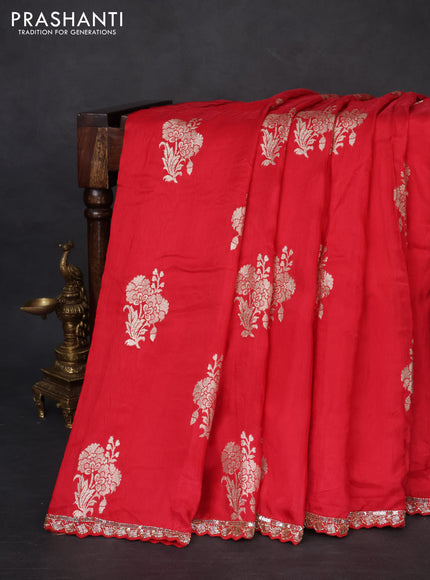 Banarasi silk saree red with floral zari woven buttas and beaded work border