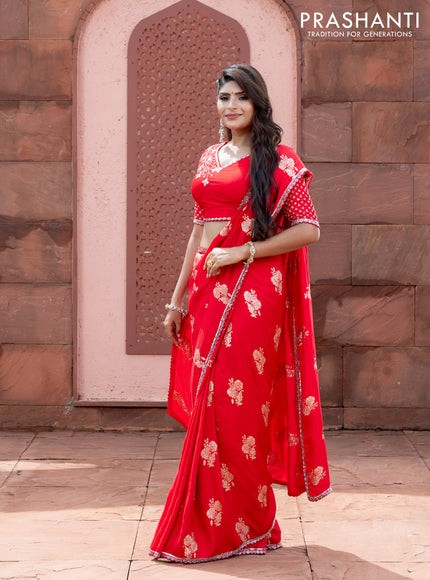 Banarasi silk saree red with floral zari woven buttas and beaded work border