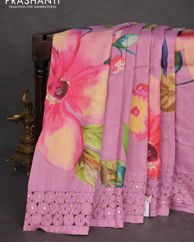 Pure tussar silk saree pastel pink with floral digital prints and cut work border