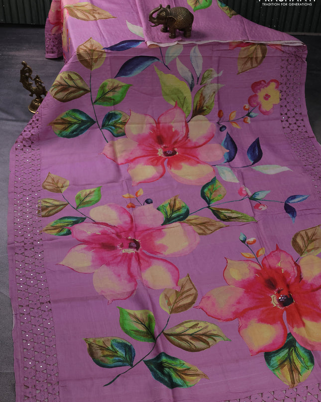 Pure tussar silk saree pastel pink with floral digital prints and cut work border