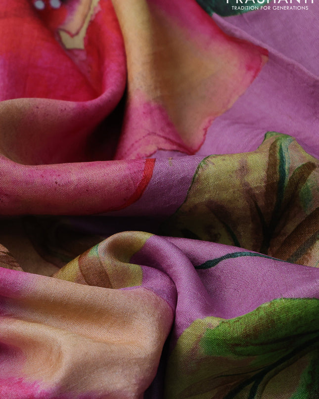 Pure tussar silk saree pastel pink with floral digital prints and cut work border