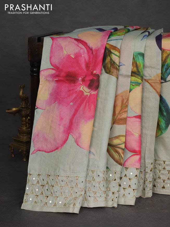Pure tussar silk saree pastel green with floral digital prints and cut work border
