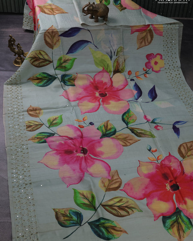 Pure tussar silk saree pastel green with floral digital prints and cut work border