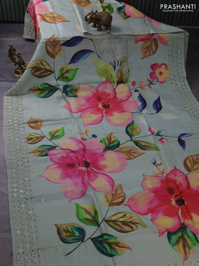 Pure tussar silk saree pastel green with floral digital prints and cut work border