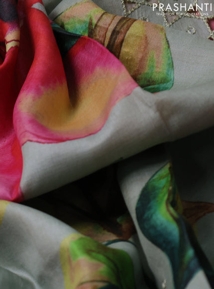 Pure tussar silk saree pastel green with floral digital prints and cut work border
