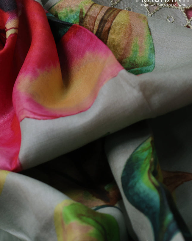 Pure tussar silk saree pastel green with floral digital prints and cut work border