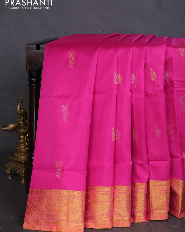 Pure uppada silk saree pink and mustard yellow with silver & gold zari woven buttas and zari woven border