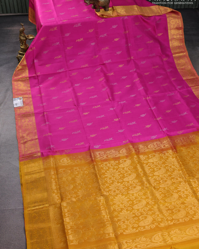 Pure uppada silk saree pink and mustard yellow with silver & gold zari woven buttas and zari woven border