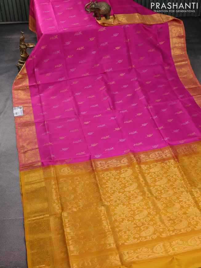 Pure uppada silk saree pink and mustard yellow with silver & gold zari woven buttas and zari woven border