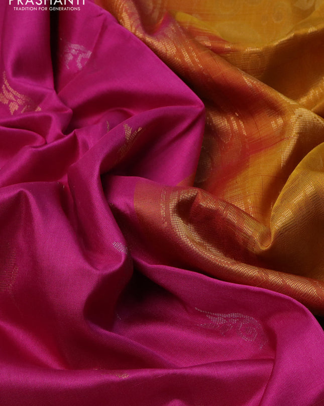 Pure uppada silk saree pink and mustard yellow with silver & gold zari woven buttas and zari woven border