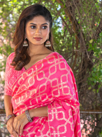 Munga tussar silk saree candy pink with allover banarasi zari weaves and gottapatti lace work border and readymade chikankari work blouse