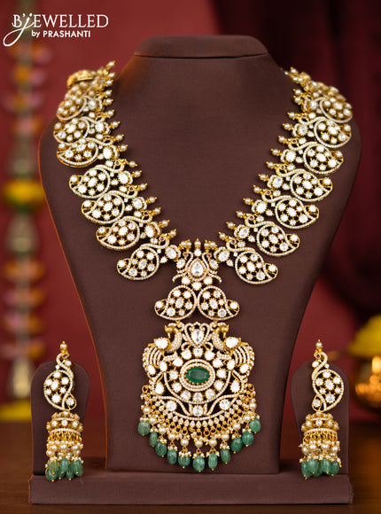 Jadau polki haaram manga pattern with emerald & kundan cz stones and pearl & mint green beads hangings
