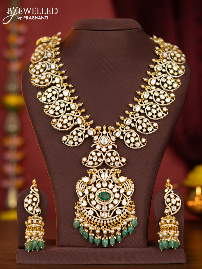 Jadau polki haaram manga pattern with emerald & kundan cz stones and pearl & mint green beads hangings