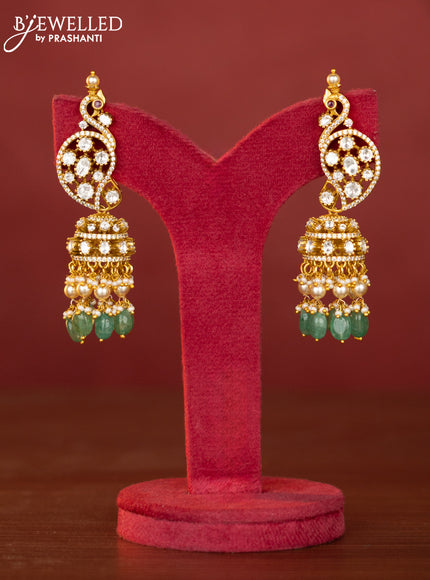 Jadau polki haaram manga pattern with emerald & kundan cz stones and pearl & mint green beads hangings
