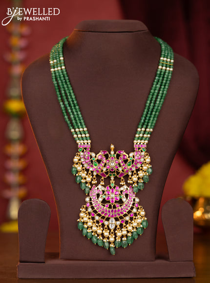 Jadau beaded green haaram with kemp jadau kundan stones and pearl & mint green beads hangings