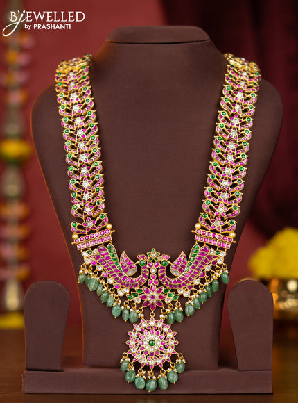 Jadau haaram peacock design with kemp jadau kundan stones and mint green beads hangings