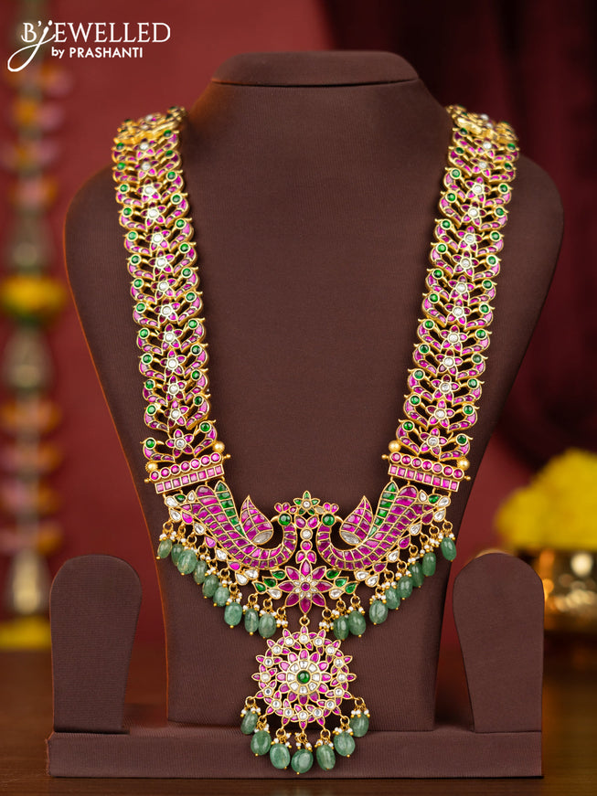 Jadau haaram peacock design with kemp jadau kundan stones and mint green beads hangings