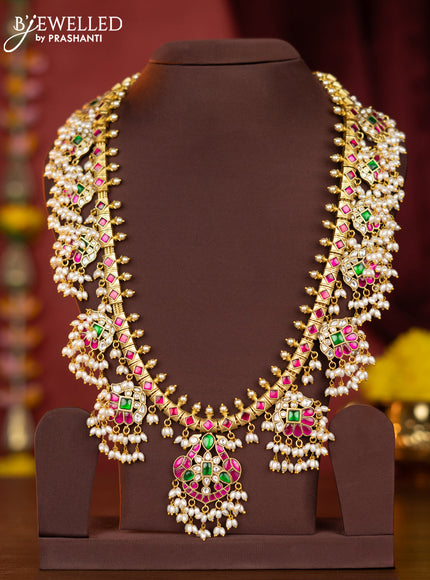 Jadau guttapusalu haaram with kemp jadau kundan stones and pearl hangings