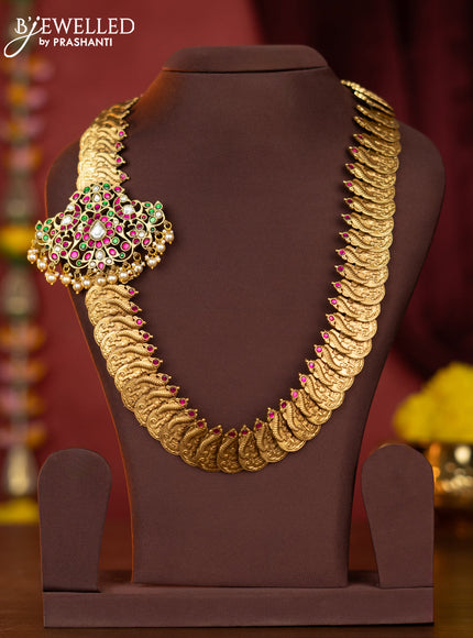 Jadau lakshmi kasu mala with kemp jadau kundan stones side pendant and pearl hangings