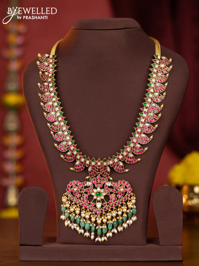 Jadau haaram manga pattern with kemp jadau kundan stones and pearl & mint green beads hangings