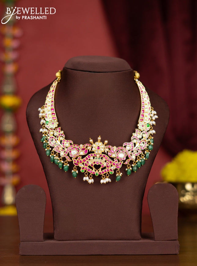 Jadau necklace with kemp jadau kundan stones and pearl & green beads hangings