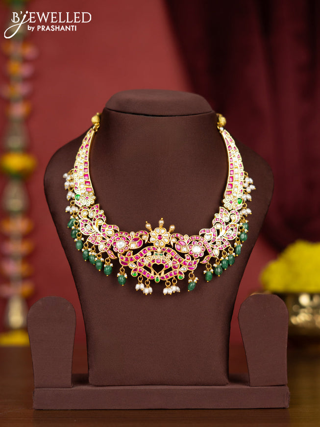 Jadau necklace with kemp jadau kundan stones and pearl & green beads hangings