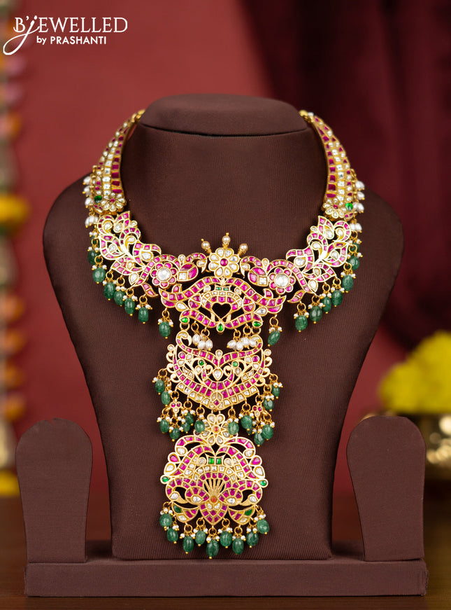 Jadau necklace with kemp jadau kundan stones and pearl & green beads hangings