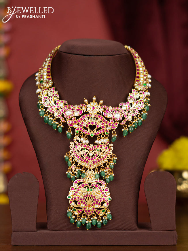 Jadau necklace with kemp jadau kundan stones and pearl & green beads hangings