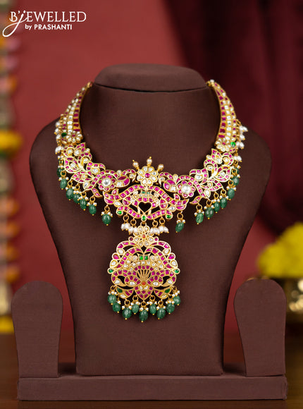 Jadau necklace with kemp jadau kundan stones and pearl & green beads hangings