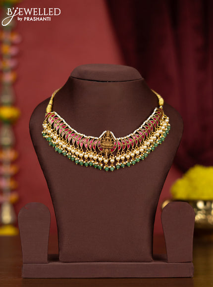 Jadau necklace lakshmi & chandbali design with pink jadau stones and pearl & mint green hangings