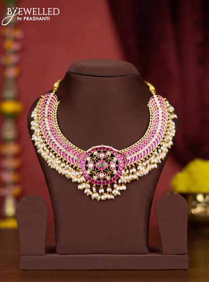 Jadau necklace chandbali design with kemp jadau kundan stones and pearl hangings