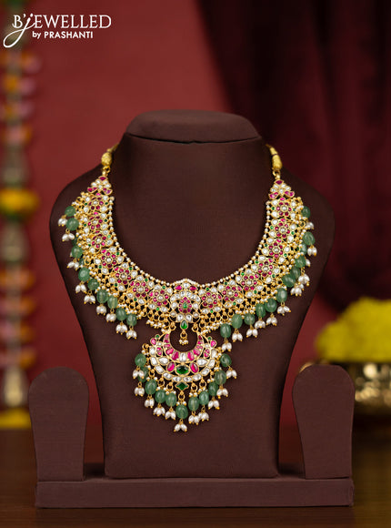 Jadau necklace with kemp jadau kundan stones and pearl & mint green beads hangings