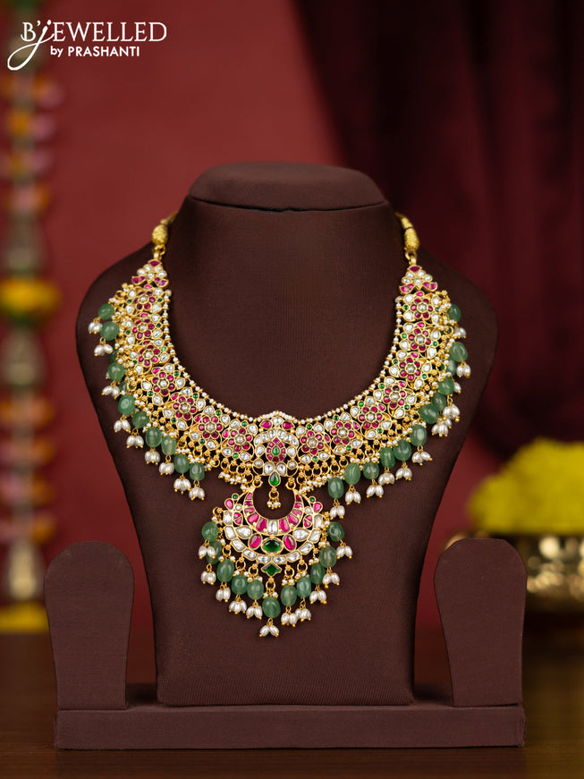 Jadau necklace with kemp jadau kundan stones and pearl & mint green beads hangings
