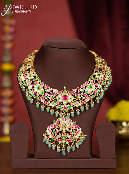 Jadau necklace with kemp jadau kundan stones and mint green beads hangings