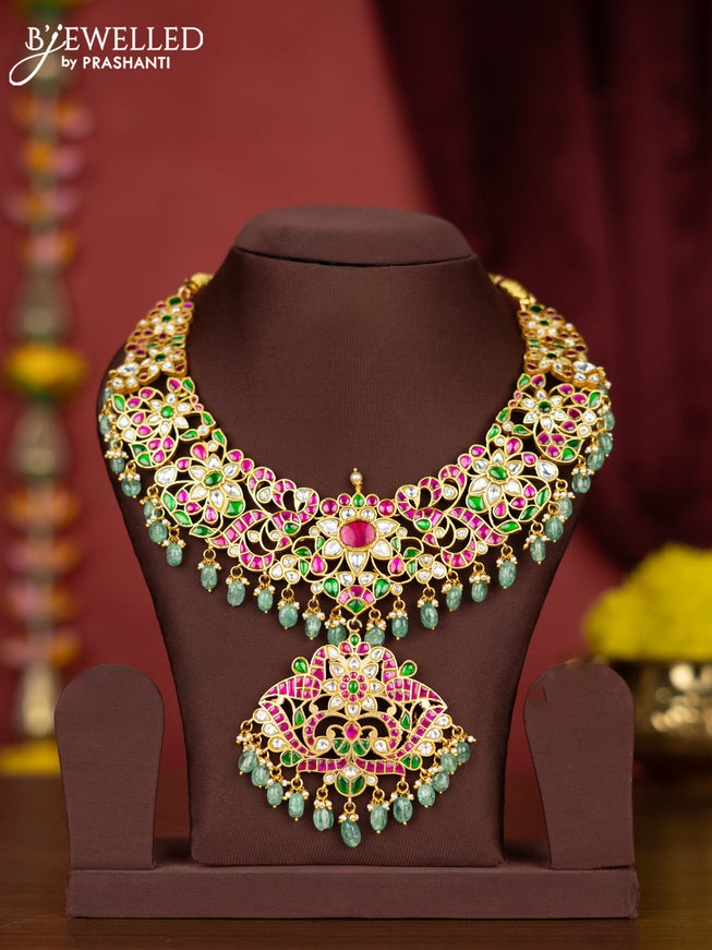 Jadau necklace with kemp jadau kundan stones and mint green beads hangings
